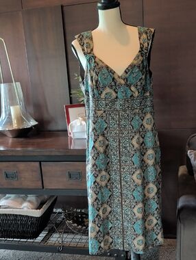 LOFT Teal and Beige Printed V-Neck Maxi Dress